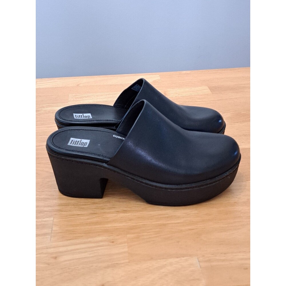 FitFlop Women’s Pilar Black Leather Platform Mules / Clogs Size US 7